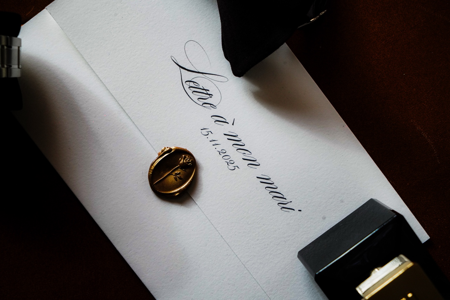 Handcrafted detail of a sealed wedding letter