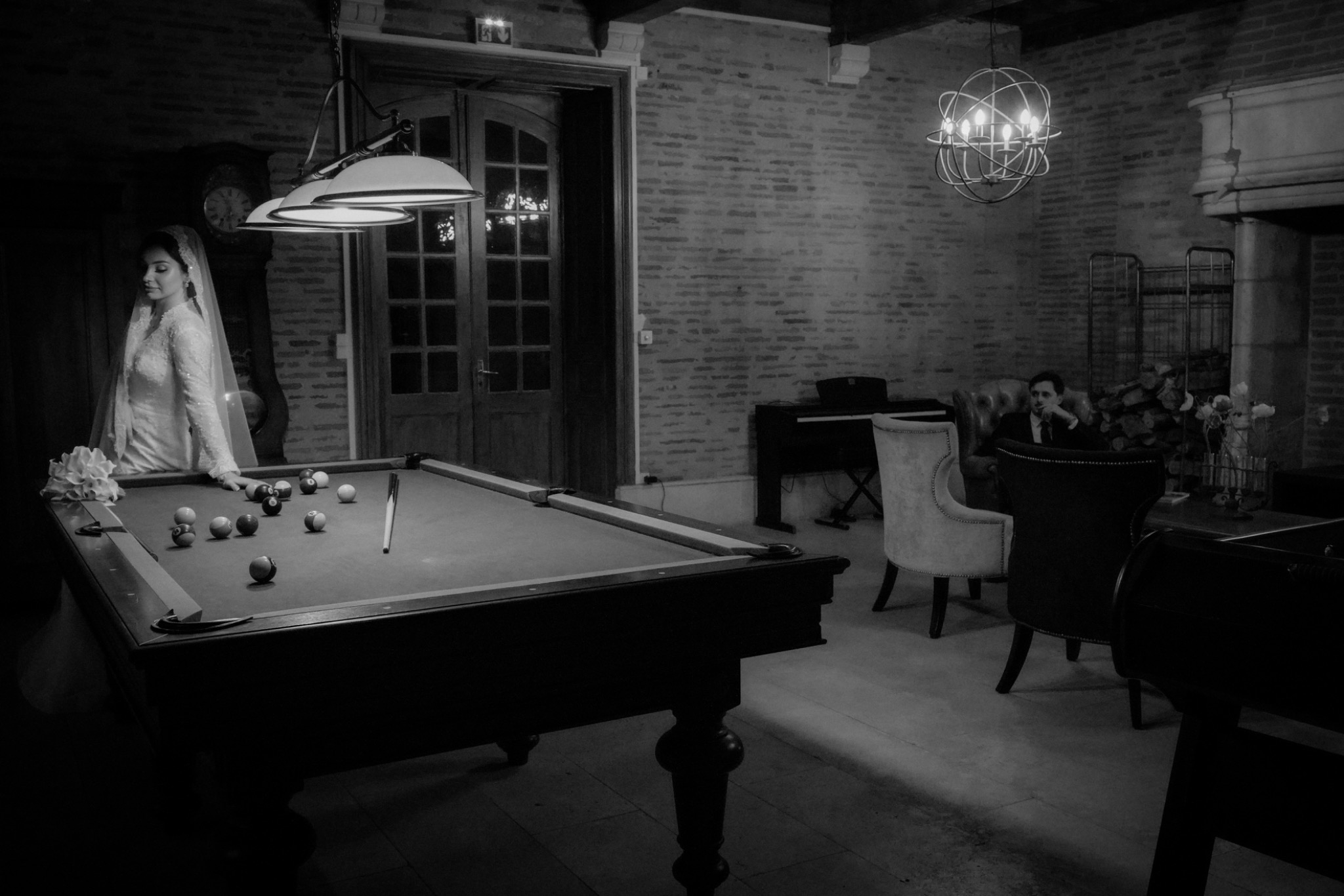 Black and white editorial wedding scene